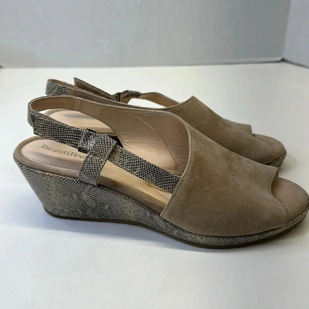 BeautiFeel Gwen Wedge Sandals Open Toe Shoes Ankle Strap Suede Tan Snake 41 10.5